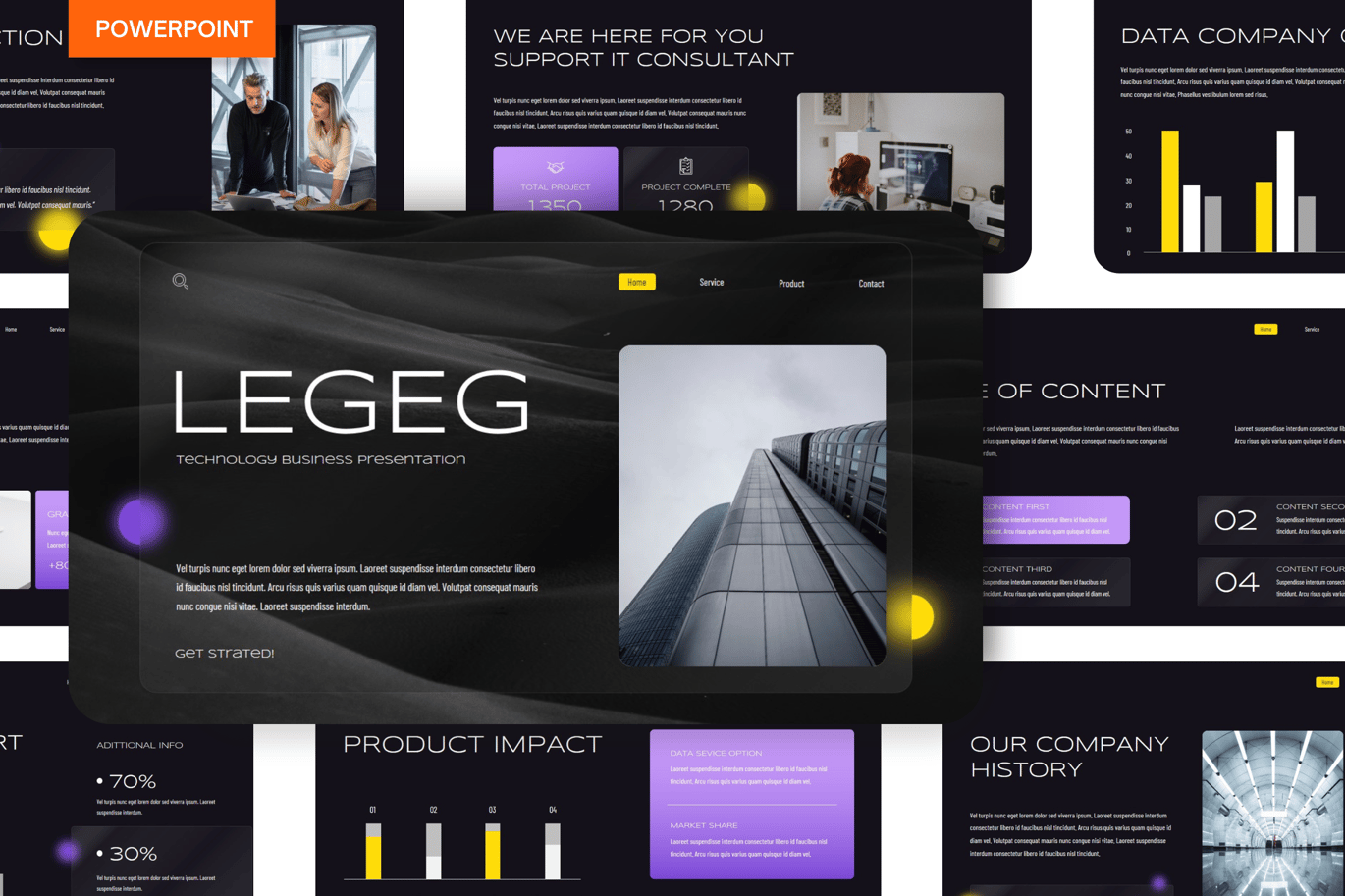 Glassmorphic Purple Yellow Technology Business PPT