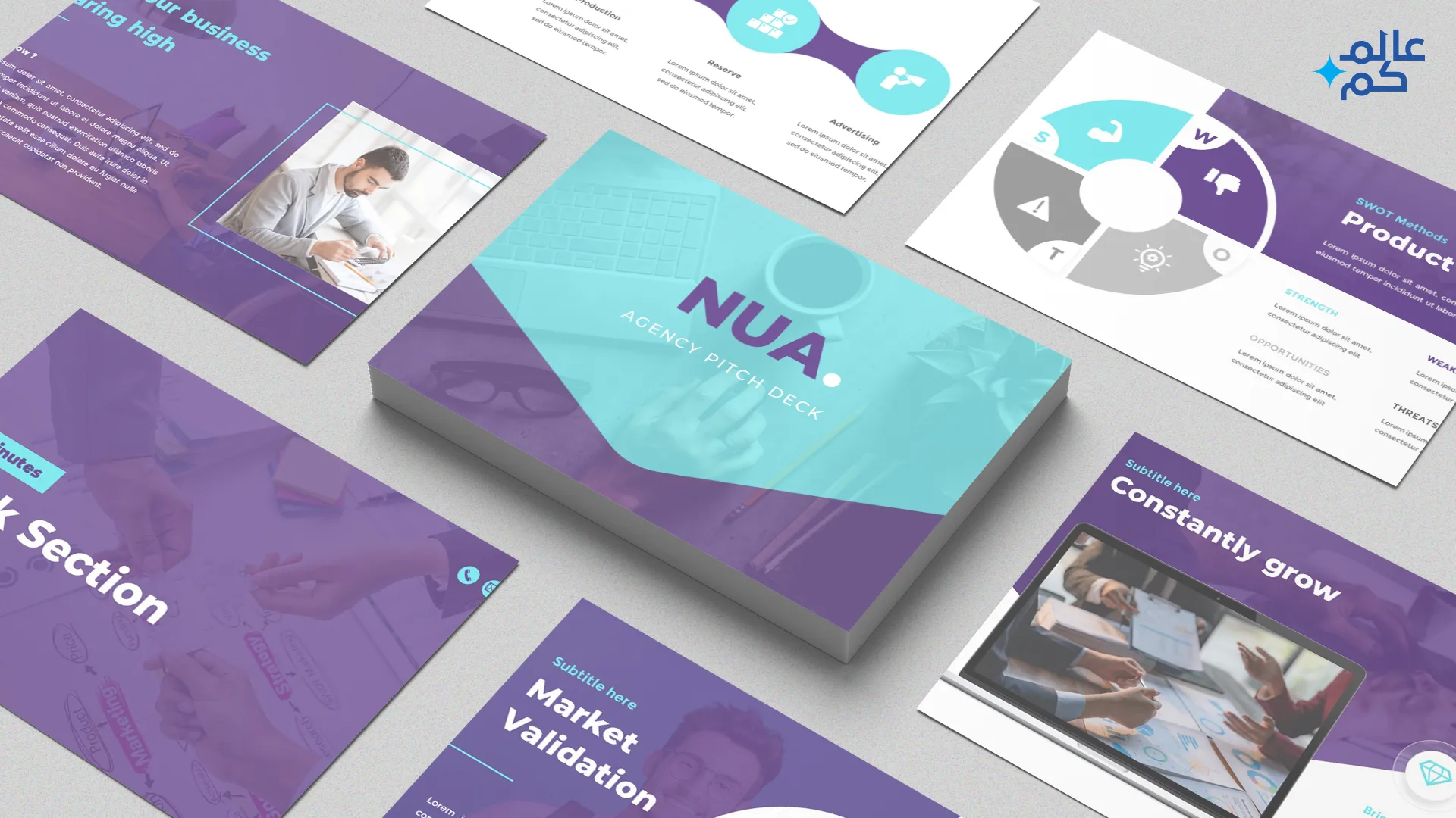 المصغرة (25) قالب بوربوينت 144 شريحة للمشاريع الاحترافية وأعمال البزنس مع ملحقات تصميم مميزة وثيمات لونية وشرائح انفوجرافيك احترافية