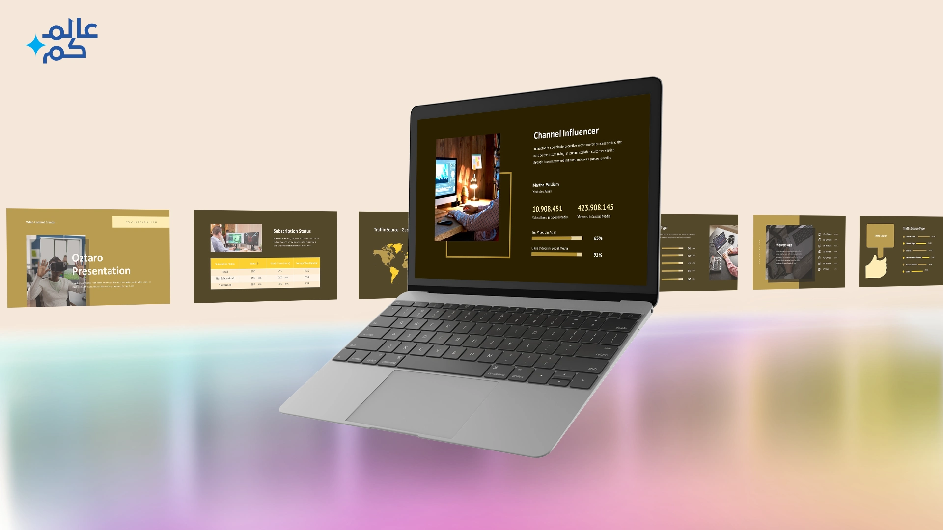 المصغرة (26) قالب بوربوينت 60 شريحة عن منشئ محتوى محترف مع ملحقات تصميم مميزة وثيمات لونية وشرائح انفوجرافيك احترافية