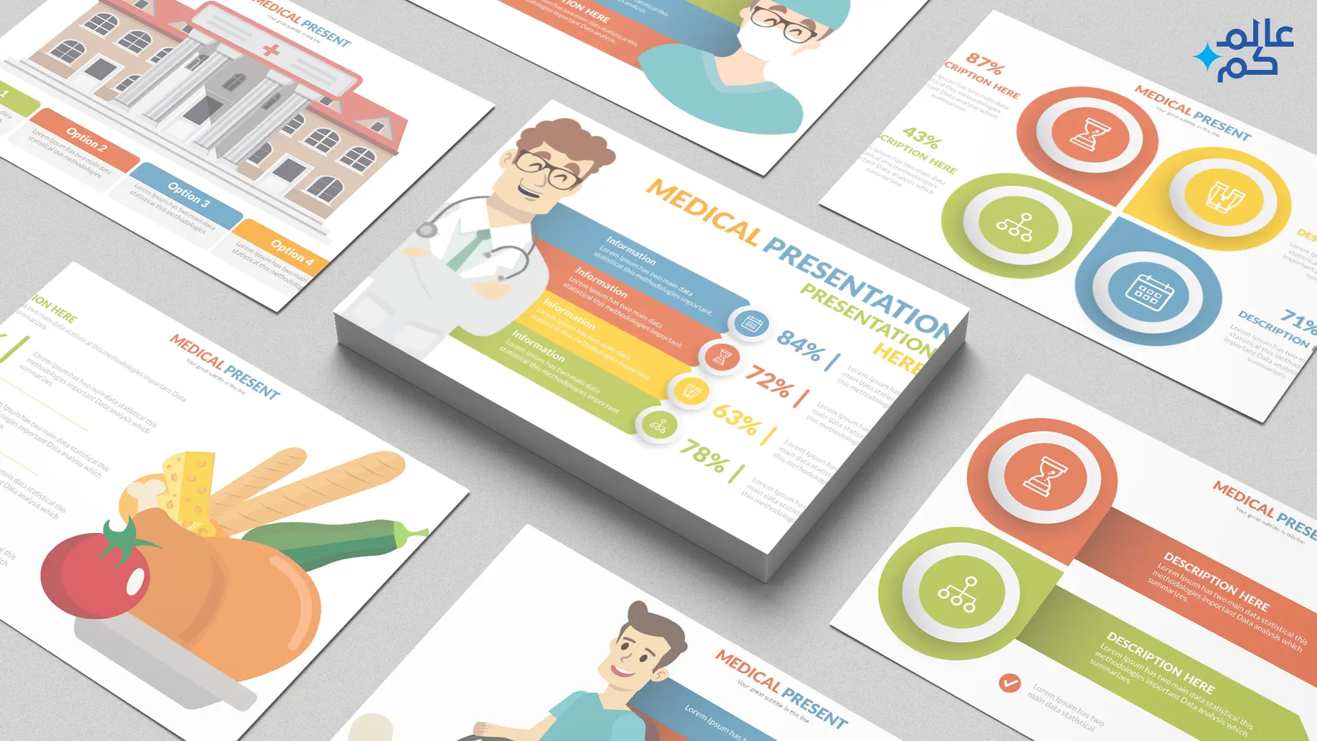 المصغرة (18) قالب بوربوينت 108 شريحة طبية للرعاية الصحية مع ملحقات تصميم وثيمات لونية مميزة وشرائح انفوجرافيك