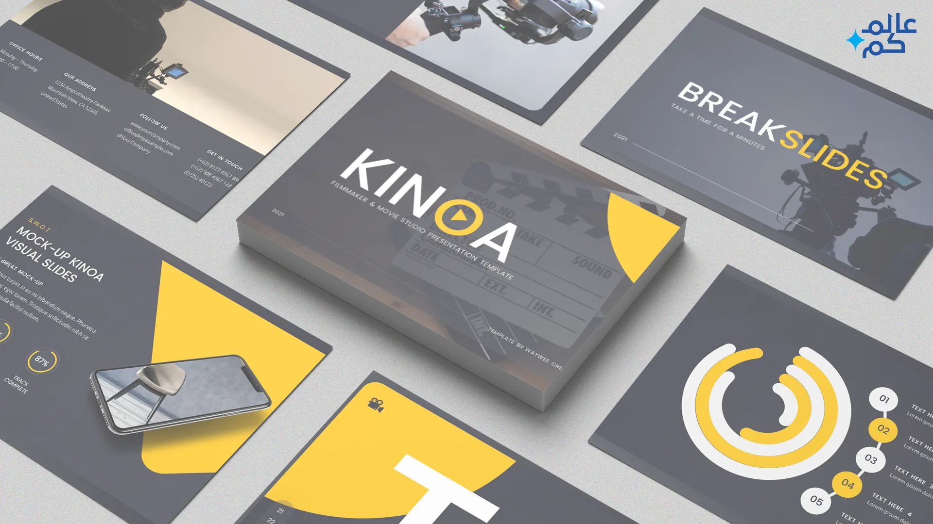 المصغرة (14) قالب بوربوينت36 شريحة لدروس عن صناعة الأفلام مع ملحقات تصميم وثيمات لونية مميزة وشرائح انفوجرافيك