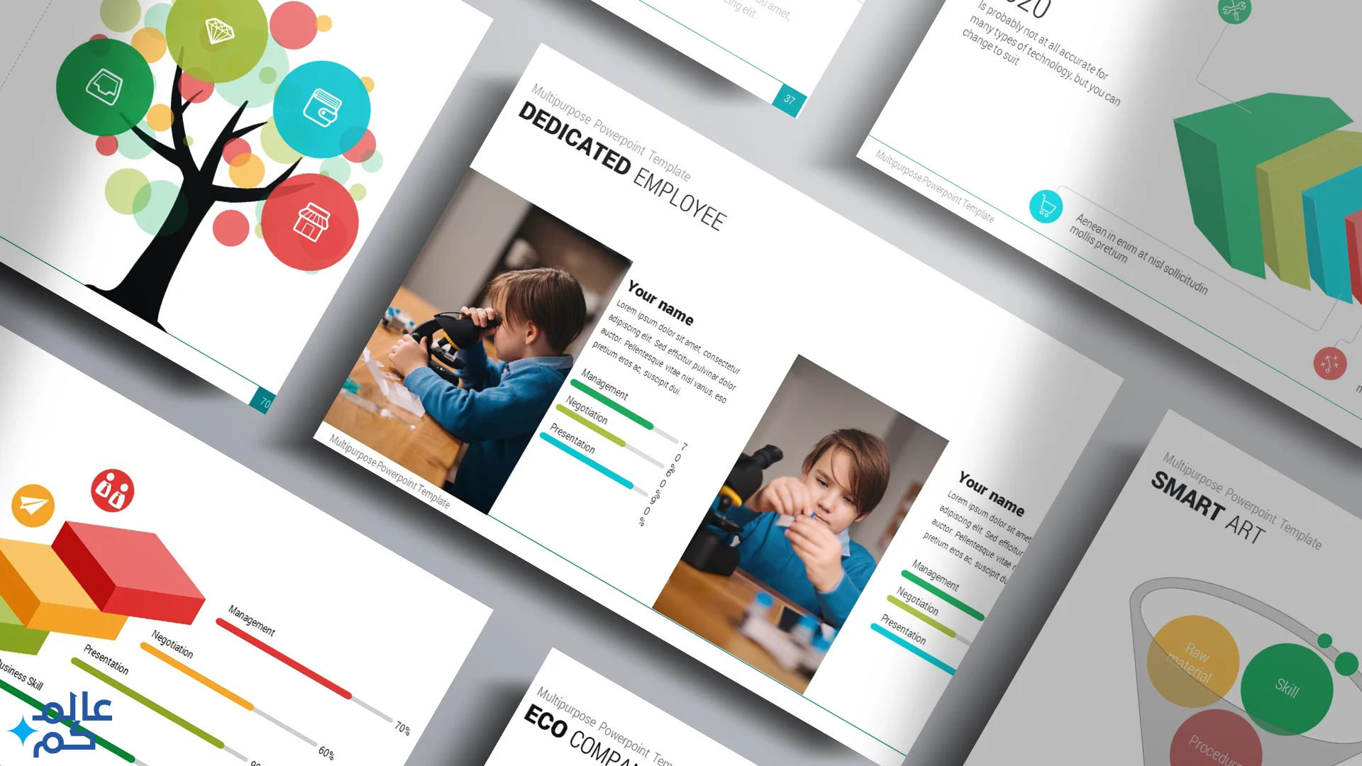 المصغرة قالب بوربوينت 109 شريحة للدروس والمشاريع التعليمية مع ملحقات تصميم متميزة وشرائح انفوجرافيك لعرض الأفكار