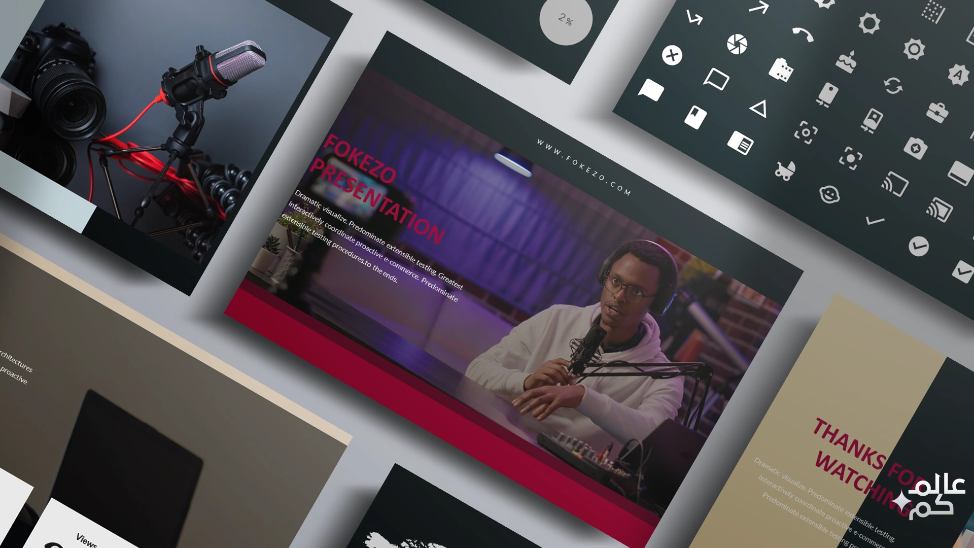 المصغرة (58) قالب بوربوينت 84 شريحة لمنشئ محتوى فيديو مع ملحقات تصميم متميزة مع أجمل الثيمات اللونية