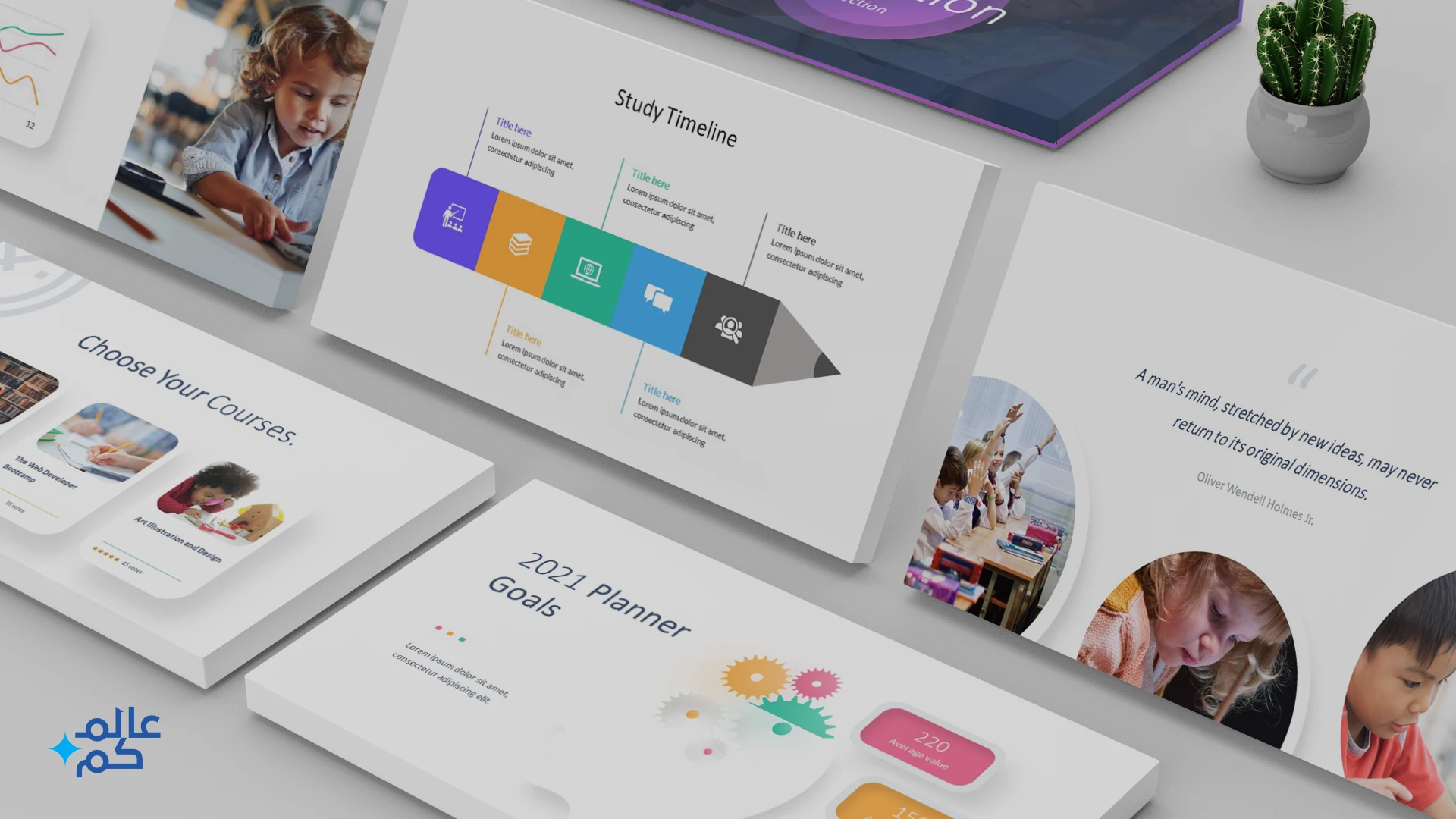 قالب بوربوينت 48 شريحة للمشاريع والدروس التعليمية مع ملحقات تصميم متميزة وشرائح انفوجرافيك لعرض الأفكار