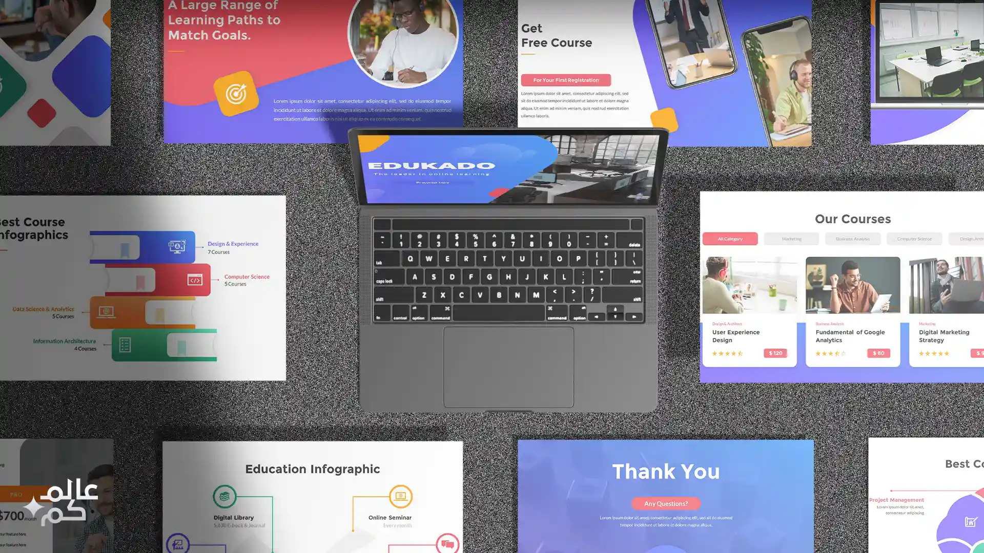 قالب بوربوينت 37 شريحة للدورات والحقائب التدريبية  مع ملحقات تصميم متميزة وشرائح انفوجرافيك لعرض الأفكار