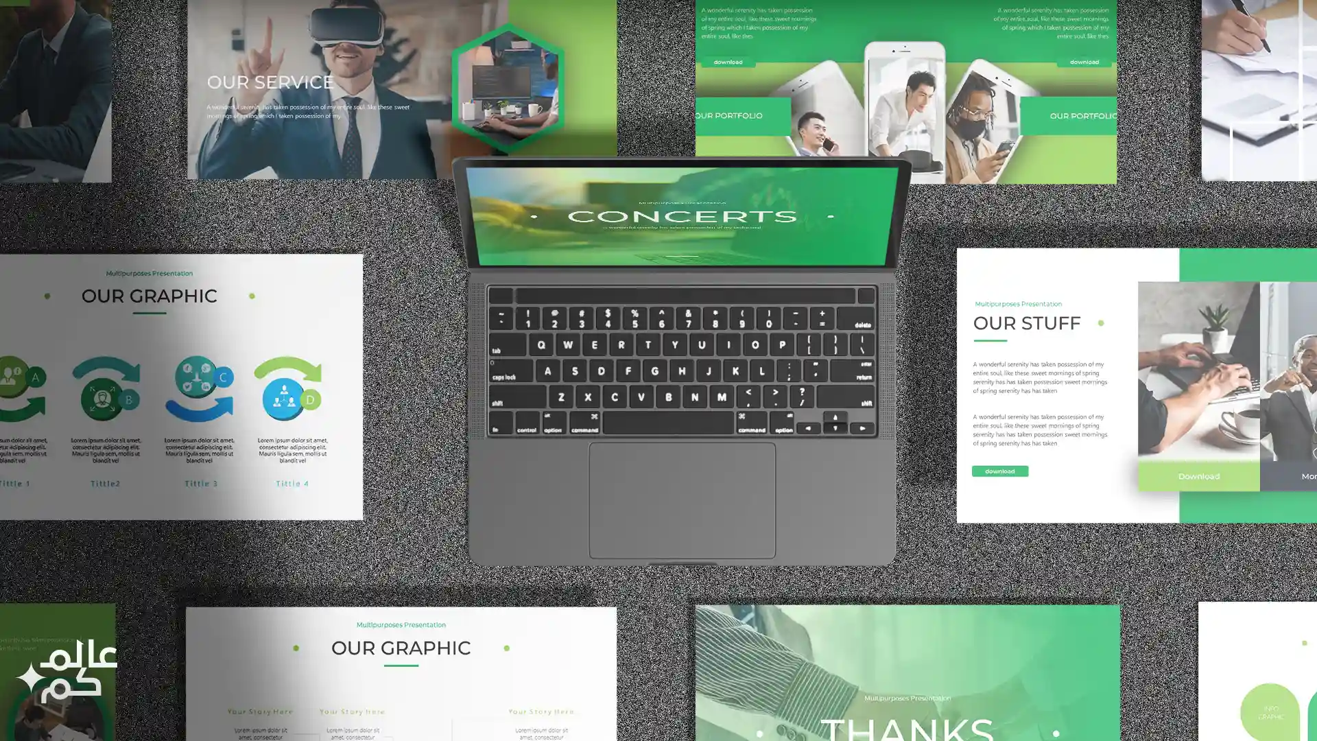 قالب بوربوينت 150 شريحة للمشاريع الأعمال بأكثر من ثيم لوني مع ملحقات تصميم متميزة وشرائح انفوجرافيك لعرض الأفكار