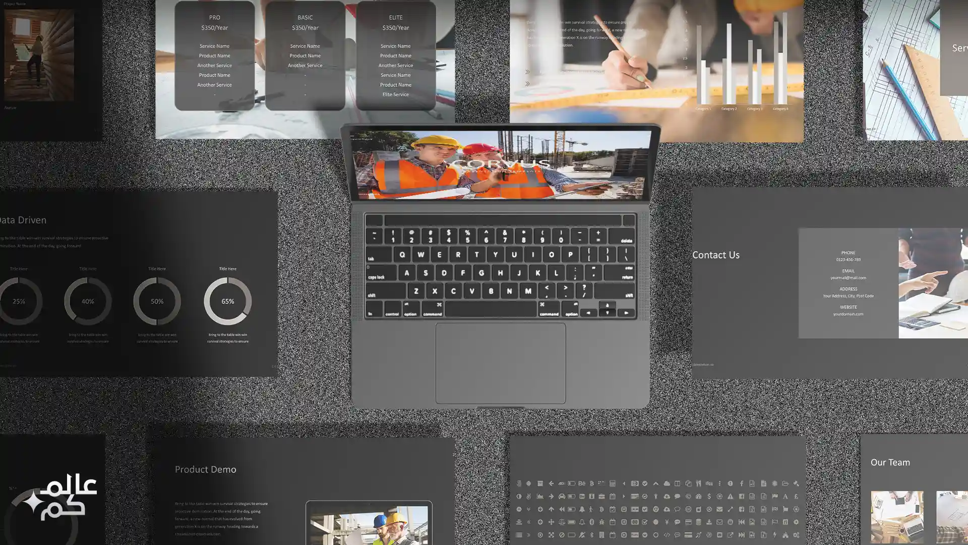 قالب بوربوينت 37 شريحة للهندسة المعمارية بأكثر من ثيم لوني مع ملحقات تصميم متميزة وشرائح انفوجرافيك لعرض الأفكار