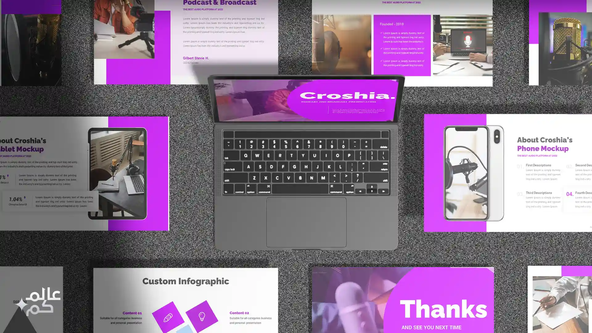 قالب بوربوينت 35 شريحة عن التعليق الصوتي بأكثر من ثيم لوني مع ملحقات تصميم متميزة وشرائح انفوجرافيك لعرض الأفكار