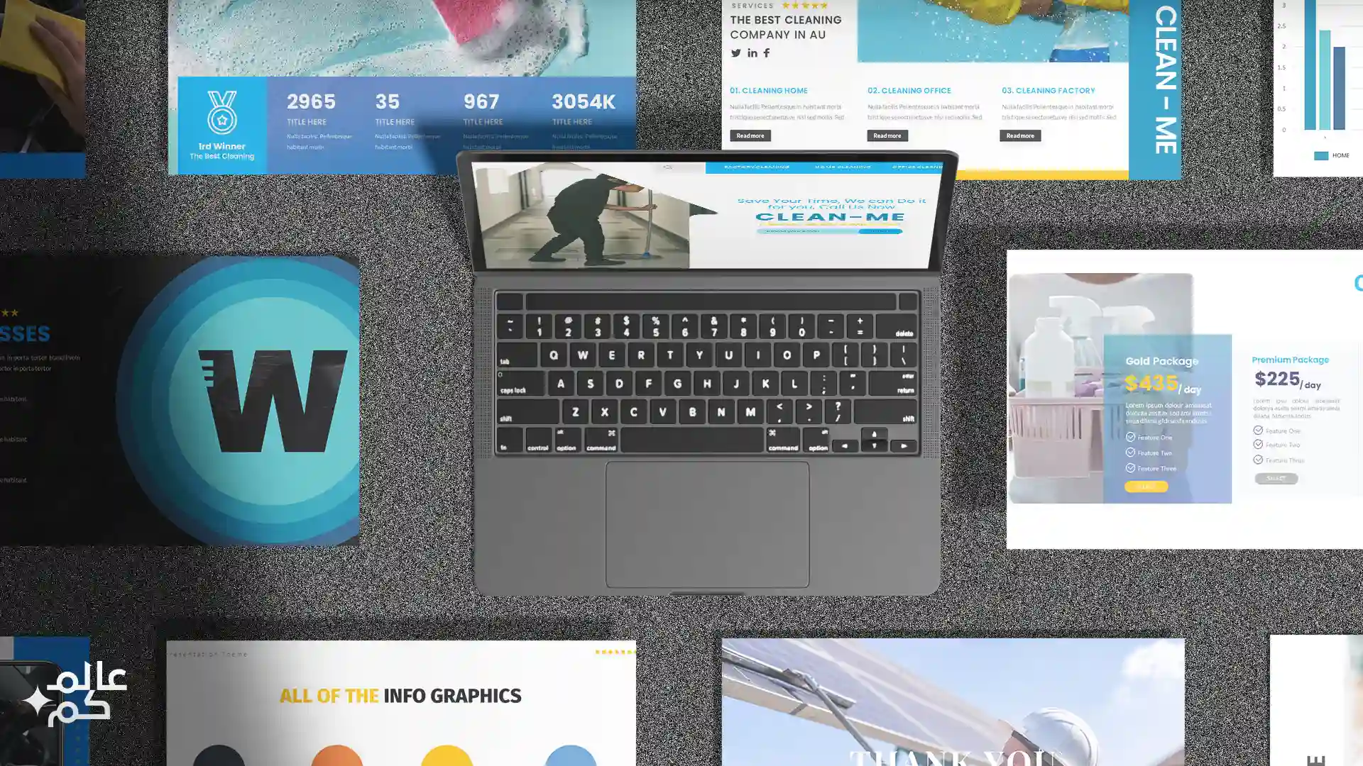 قالب بوربوينت 40 شريحة عن التنظيف بأكثر من ثيم لوني مع ملحقات تصميم متميزة وشرائح انفوجرافيك لعرض الأفكار