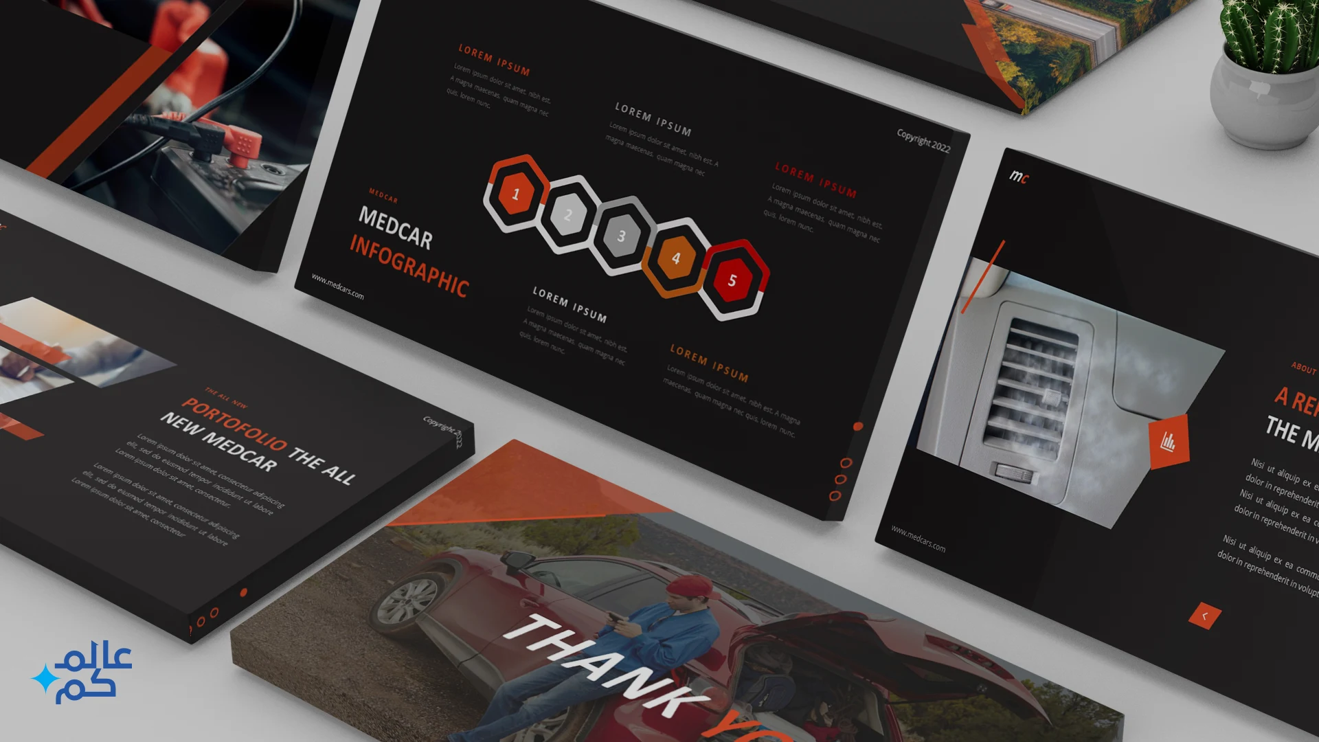 قالب بوربوينت 480 شريحة للمشاريع وأعمال بمجال السيارات بأكثر من ثيم لوني مع ملحقات تصميم متميزة وشرائح انفوجرافيك لعرض الأفكار