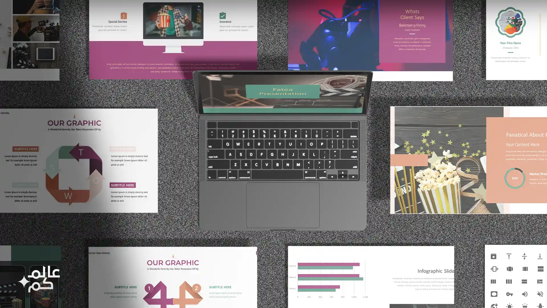 قالب بوربوينت 90 شريحة للمشاريع السينمائية مع ملحقات تصميم متميزة وشرائح انفوجرافيك لعرض الأفكار
