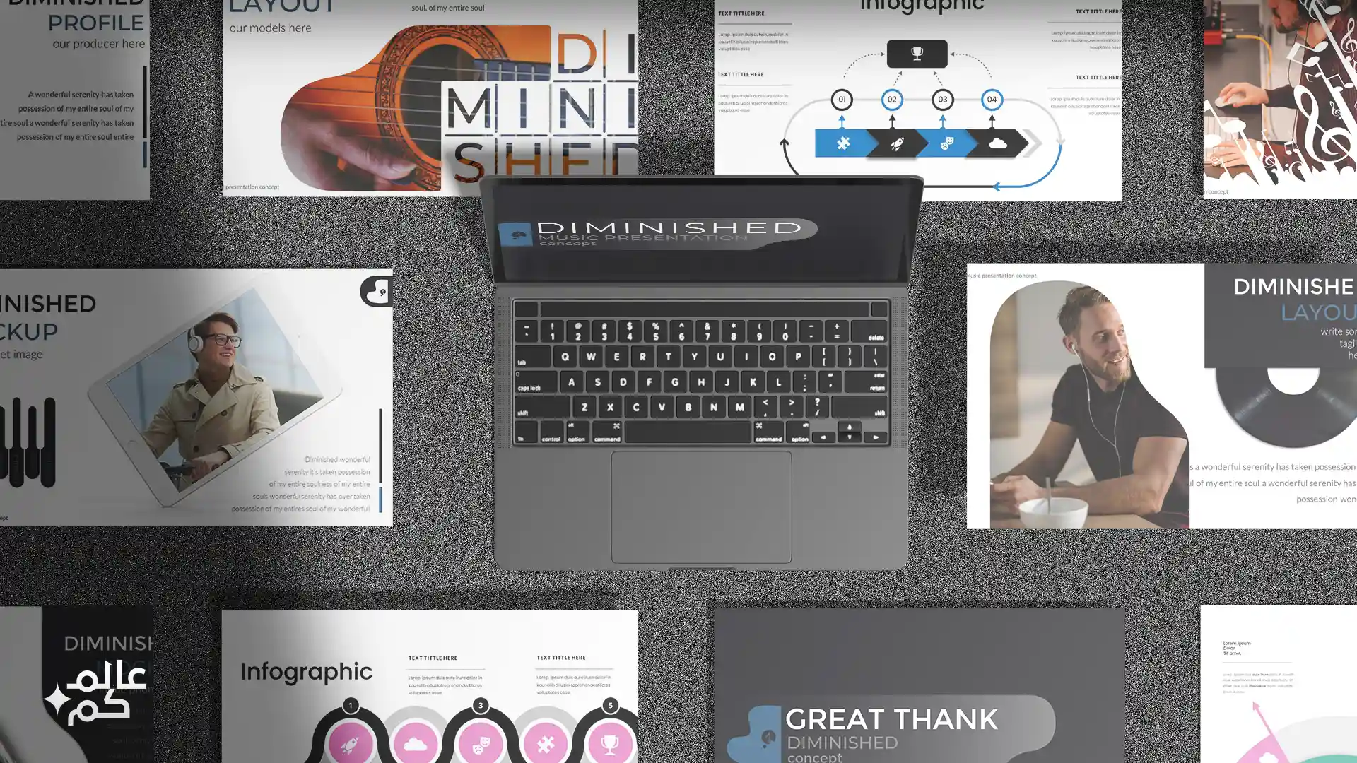 قالب بوربوينت 170 شريحة للمشاريع التعليمية الموسيقية مع ملحقات تصميم متميزة وشرائح انفوجرافيك لعرض الأفكار