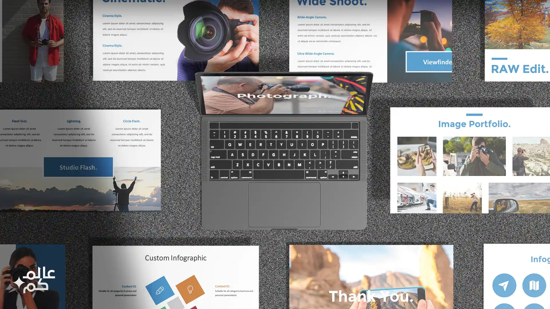 قالب بوربوينت 120 شريحة للمشاريع والأعمال الفوتوغرافية مع ملحقات تصميم متميزة وشرائح انفوجرافيك لعرض الأفكار