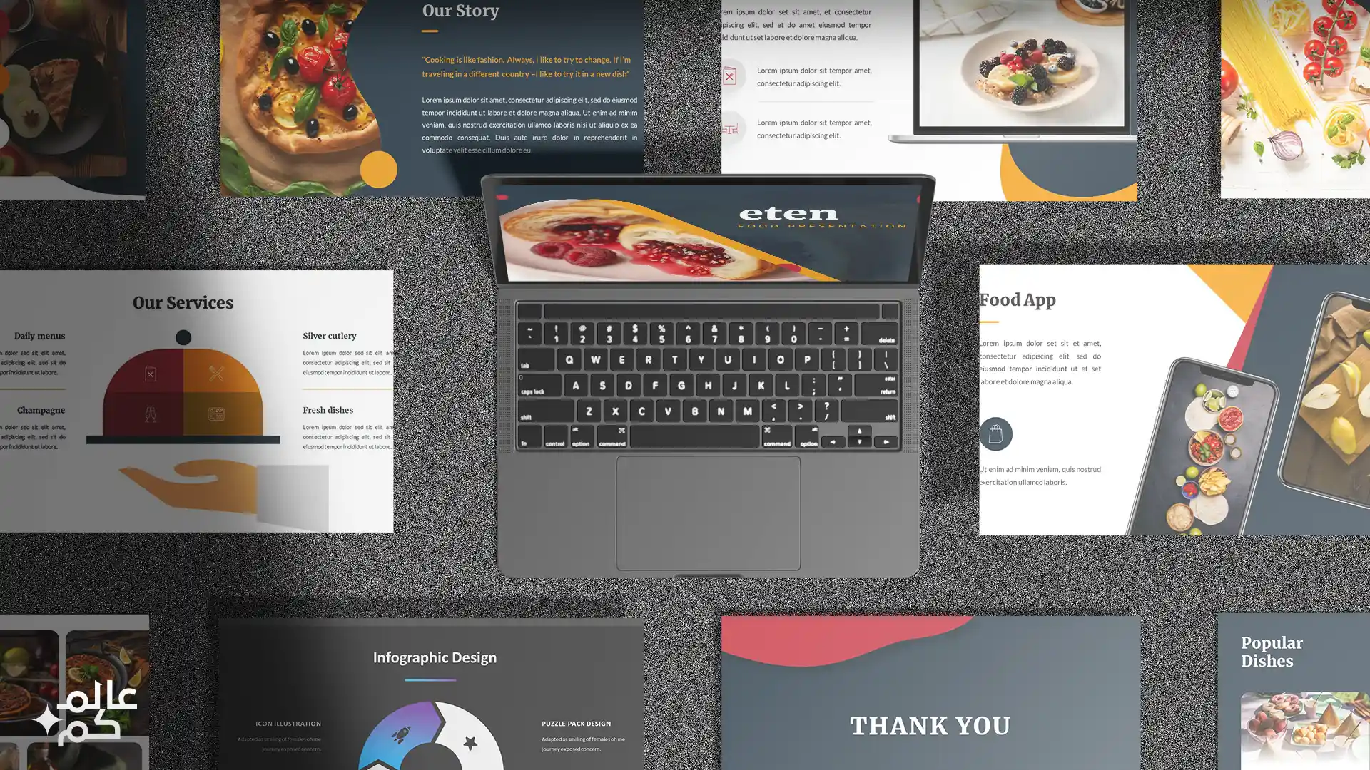 قالب بوربوينت 40 شريحة للمشاريع الغذائية والمطاعم مع ملحقات تصميم متميزة وشرائح انفوجرافيك لعرض الأفكار