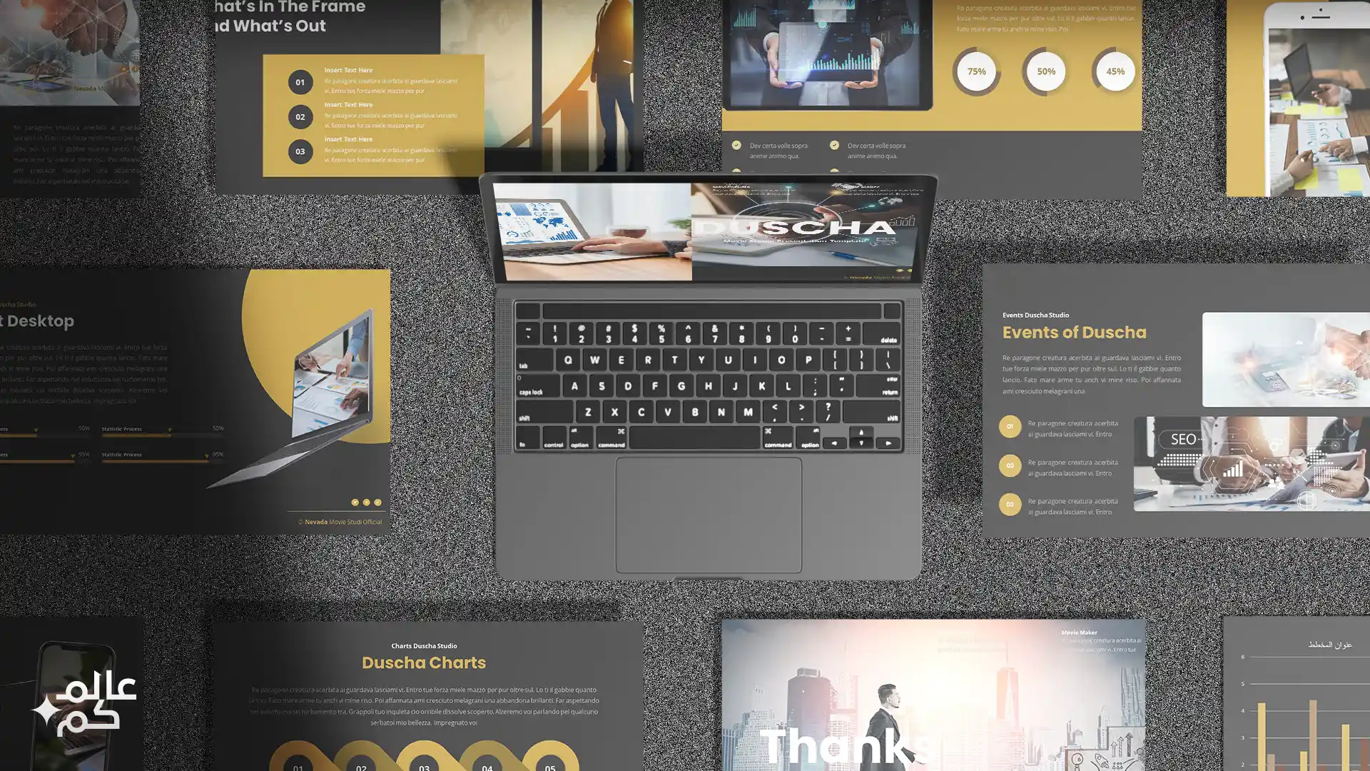 قالب بوربوينت 40 شريحة للمشاريع والأعمال مع ملحقات تصميم متميزة وشرائح انفوجرافيك لعرض الأفكار