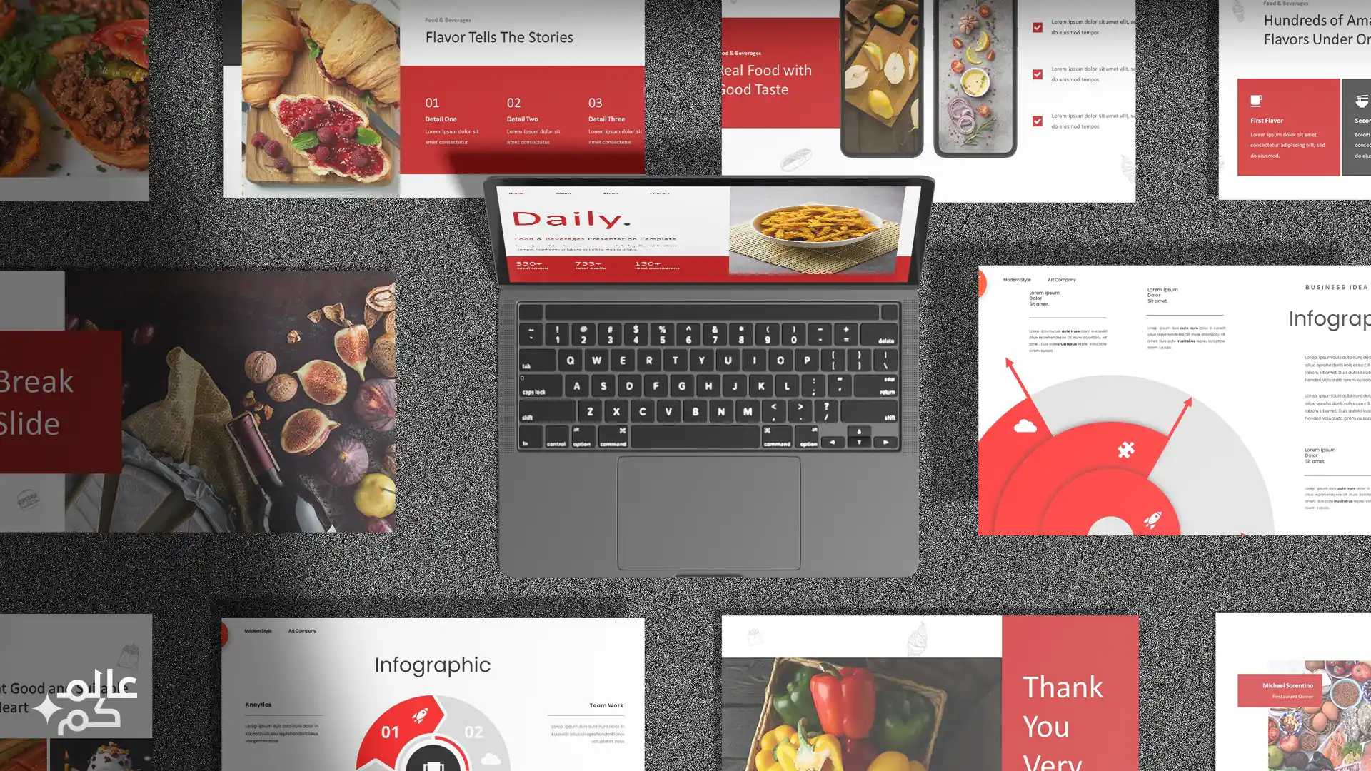 قالب بوربوينت 45 شريحة للمشاريع الغذائية والمطاعم مع ملحقات تصميم متميزة وشرائح انفوجرافيك لعرض الأفكار