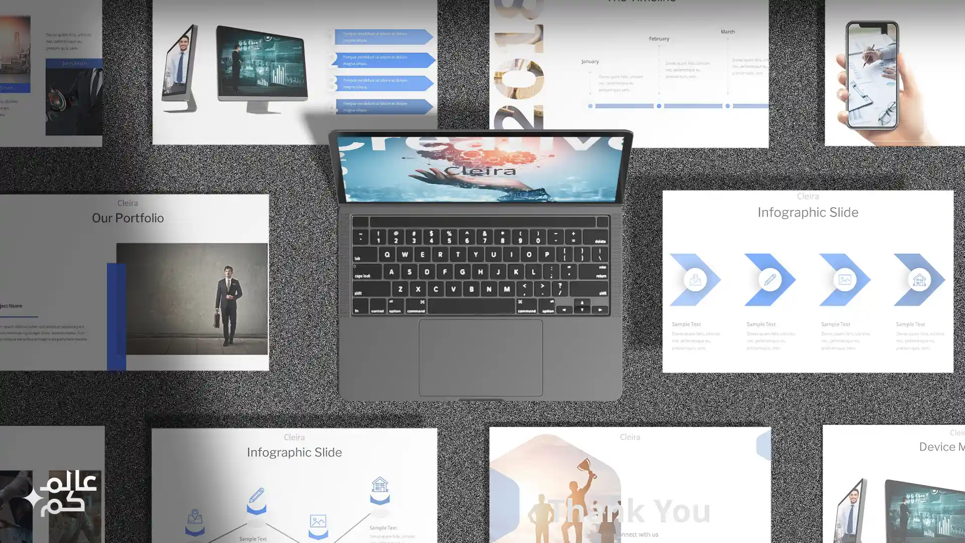 قالب بوربوينت 150 شريحة للمشاريع والأعمال مع ملحقات تصميم متميزة وشرائح انفوجرافيك لعرض الأفكار