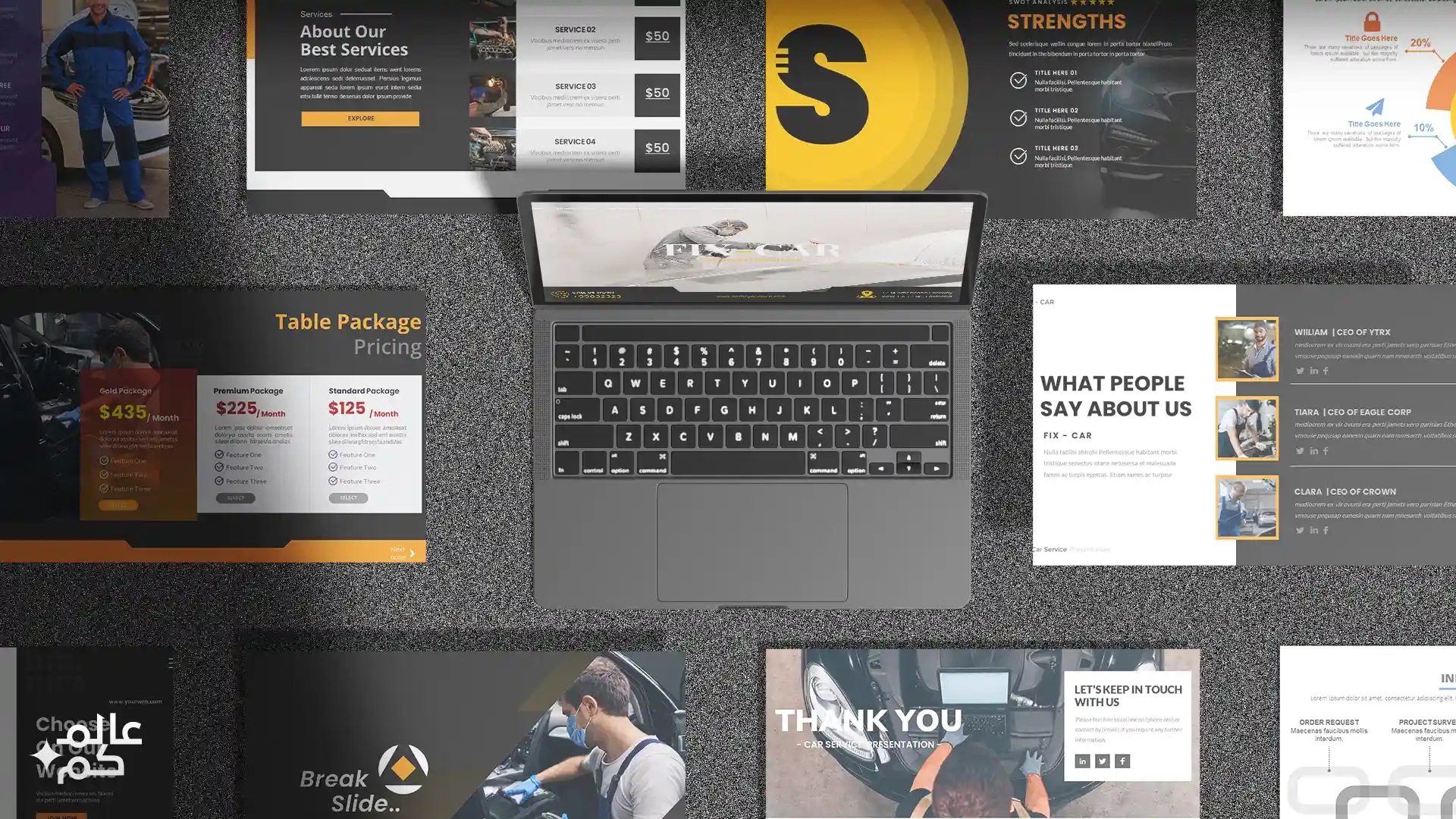 قالب بوربوينت 40 شريحة للمشاريع وأعمال بمجال السيارات مع ملحقات تصميم متميزة وشرائح انفوجرافيك لعرض الأفكار