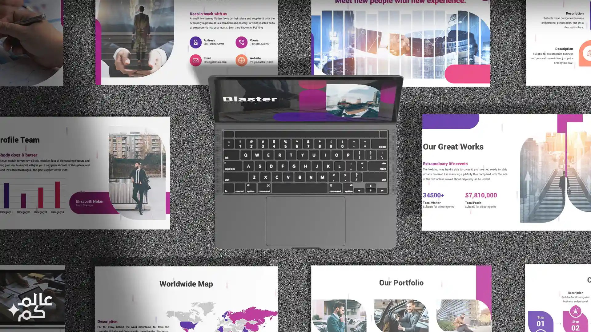 قالب بوربوينت 360 شريحة للمشاريع والأعمال مع ملحقات تصميم متميزة وشرائح انفوجرافيك لعرض الأفكار