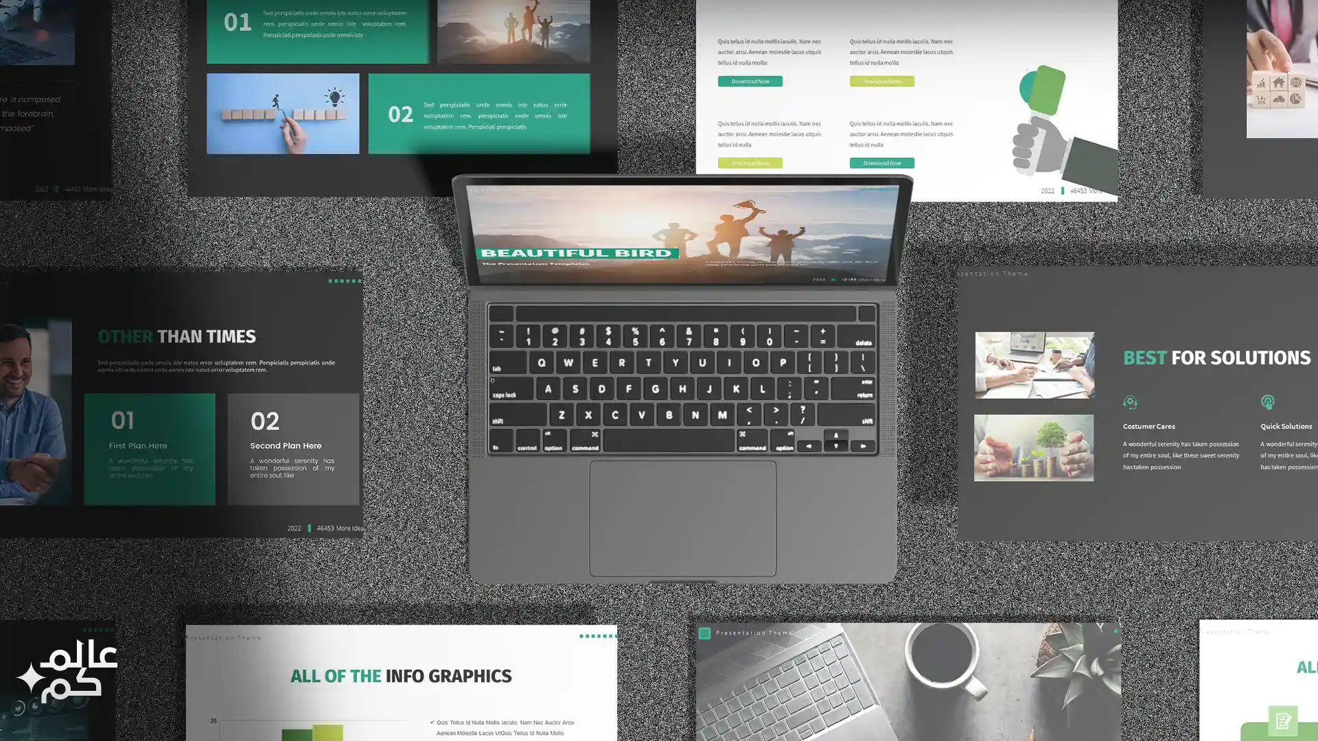 قالب بوربوينت 150 شريحة للمشاريع والأعمال مع ملحقات تصميم متميزة وشرائح انفوجرافيك متميزة