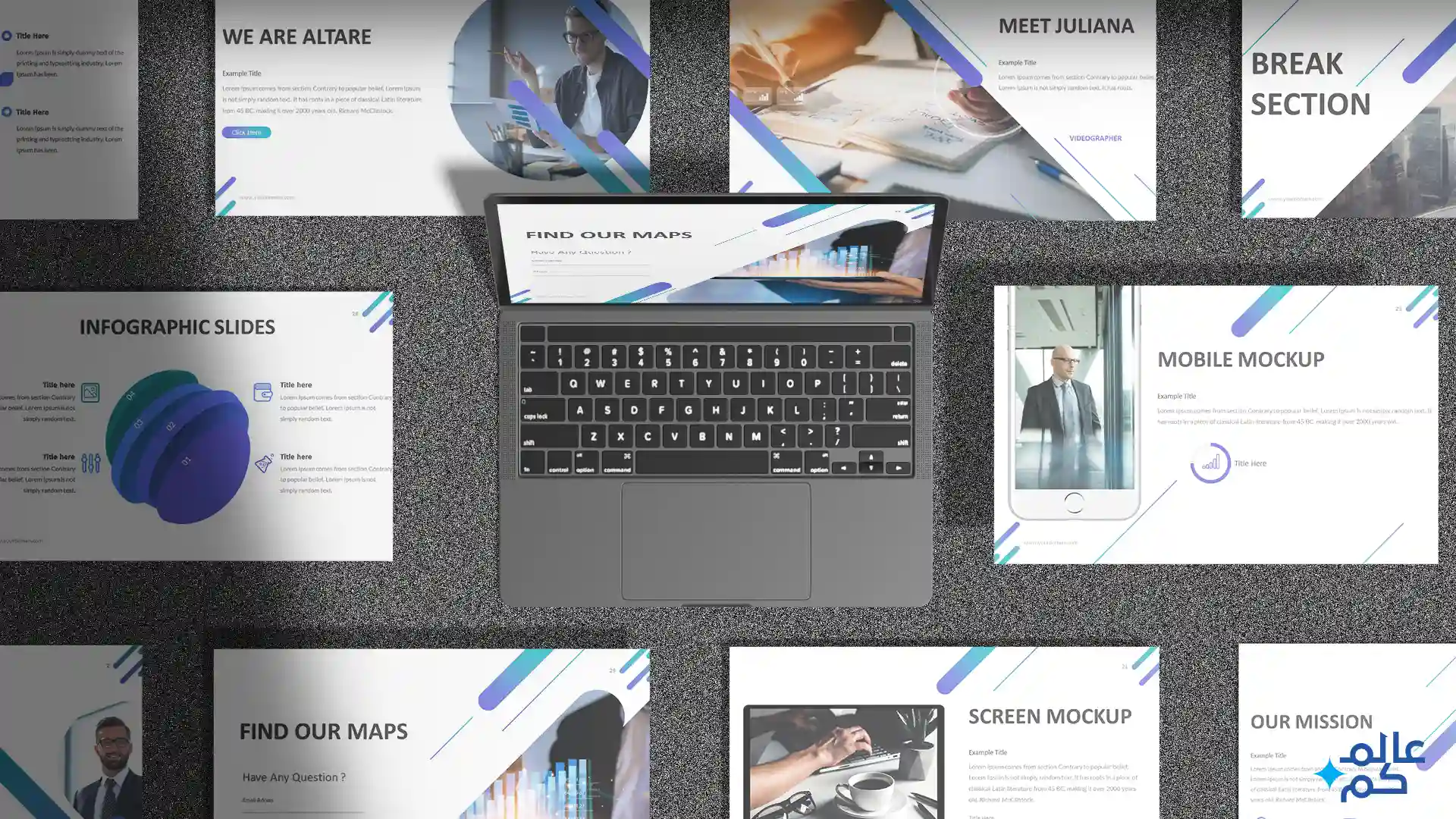 قالب بوربوينت 150 شريحة للمشاريع والأعمال مع ملحقات تصميم متميزة وحزمة أيقونات حديثة