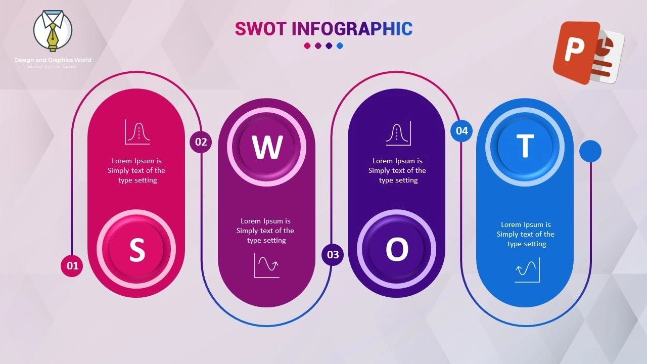 مخطط انفوجرافيك أربعة خيارات لمخطط SWOT احترافي في برنامج بوربوينت